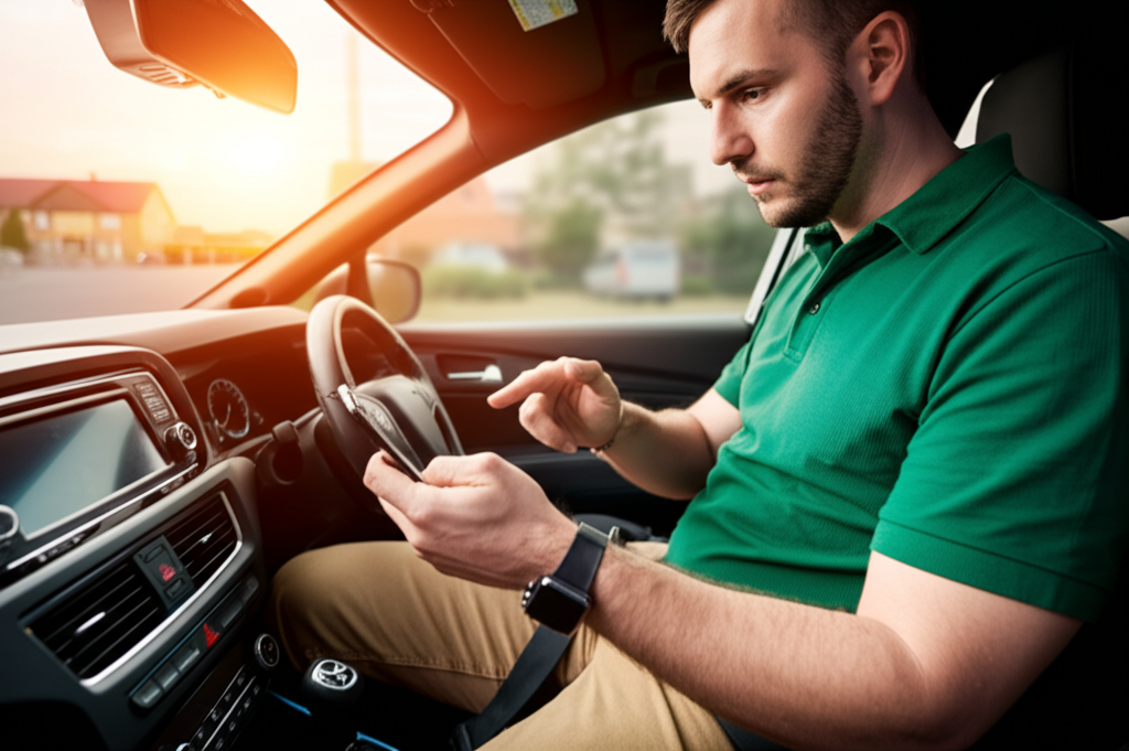 Field technician in vehicle checking schedule